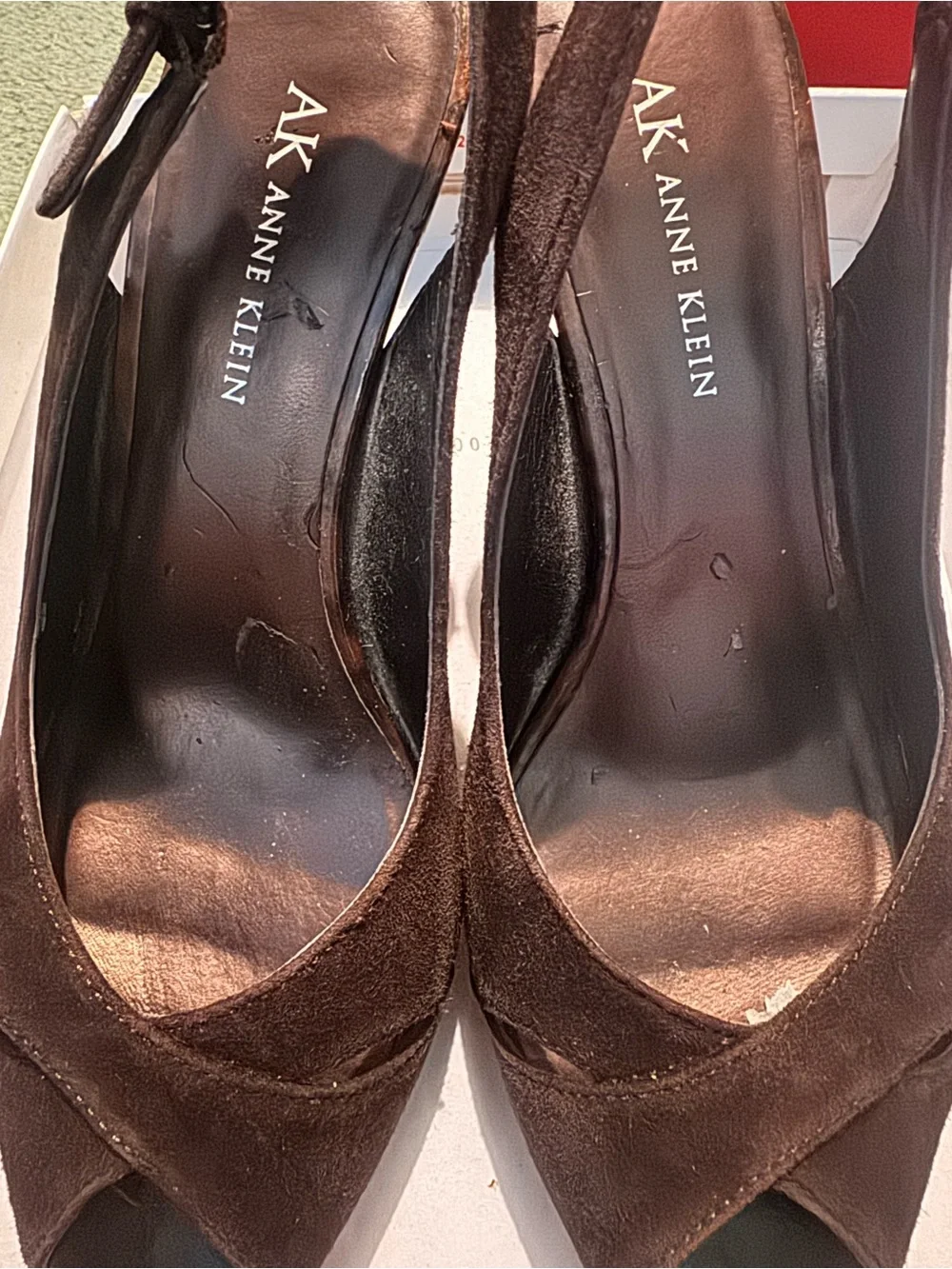 Anne Klein Brown Suede Peep-Toe Slingback Heels